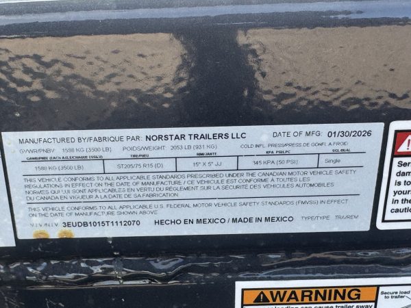 10x60 Norstar Single Axle Dump, 3.5K GVWR, 20" Sides