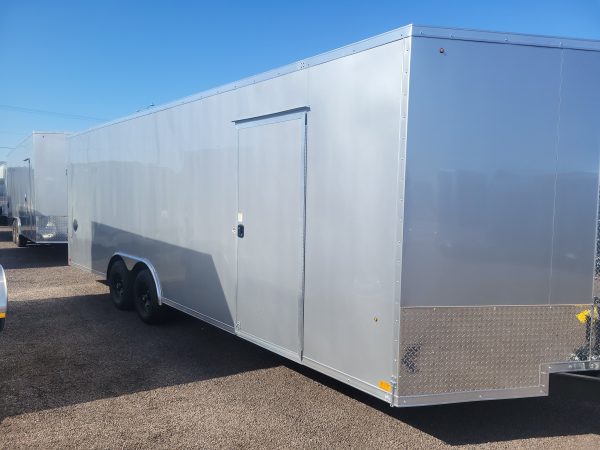 24X8.5 Jasper SE Flat Top Sloped V-Nose Car Hauler, 14K, 12" Extra Height, Silver, RD