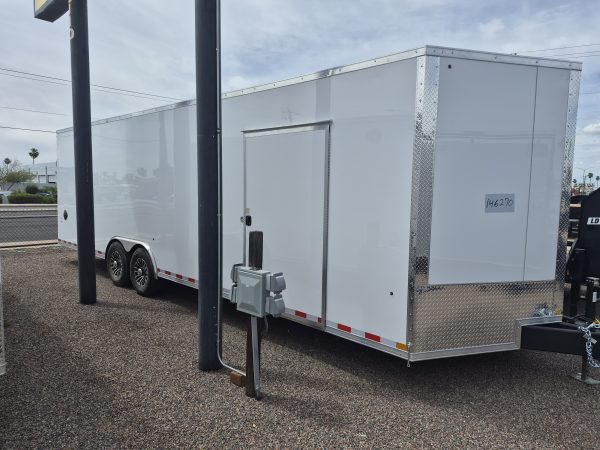 28x8.5 Jasper SE Car Hauler, 14K GVWR, Ramp Door, Rubber Flooring, 8K Jack, A/C, White Vinyl Walls/Ceiling, 11" LED Light, 7K lb Axles