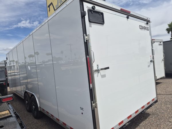 28x8.5 Jasper SE Car Hauler, 14K GVWR, Ramp Door, Rubber Flooring, 8K Jack, A/C, White Vinyl Walls/Ceiling, 11" LED Light, 7K lb Axles