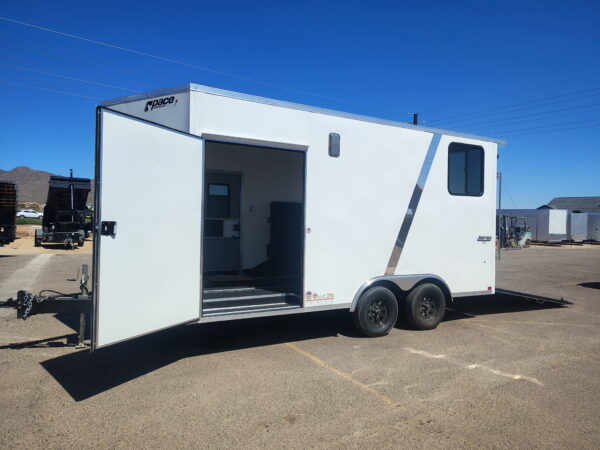 16x8.5 Journey SE Flat Top Sloped V-Nose Car Hauler, 7K GVWR, Slider Window, AC/Heat, Jacknife Sofa, Insulated Walls/Ceiling, Drive Over Wheel Boxes, Rubber Flooring, Power Awning