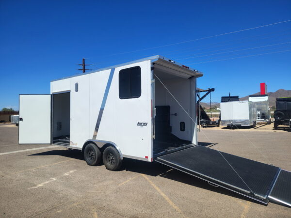 16x8.5 Journey SE Flat Top Sloped V-Nose Car Hauler, 7K GVWR, Slider Window, AC/Heat, Jacknife Sofa, Insulated Walls/Ceiling, Drive Over Wheel Boxes, Rubber Flooring, Power Awning