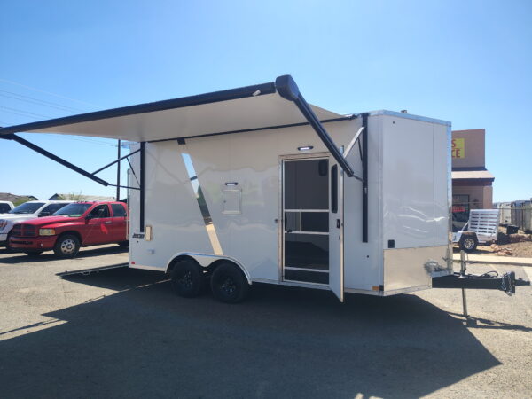 16x8.5 Journey SE Flat Top Sloped V-Nose Car Hauler, 7K GVWR, Slider Window, AC/Heat, Jacknife Sofa, Insulated Walls/Ceiling, Drive Over Wheel Boxes, Rubber Flooring, Power Awning