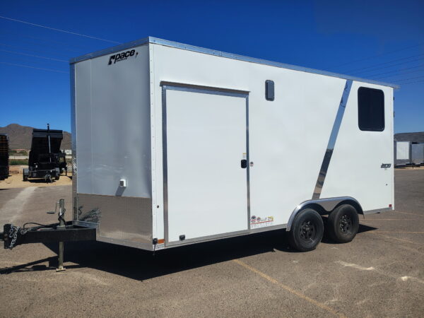 16x8.5 Journey SE Flat Top Sloped V-Nose Car Hauler, 7K GVWR, Slider Window, AC/Heat, Jacknife Sofa, Insulated Walls/Ceiling, Drive Over Wheel Boxes, Rubber Flooring, Power Awning
