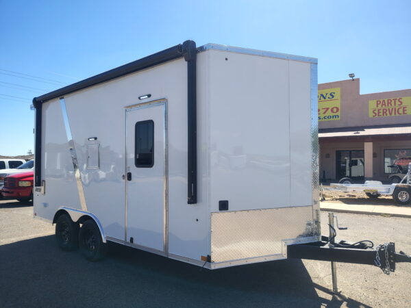 16x8.5 Journey SE Flat Top Sloped V-Nose Car Hauler, 7K GVWR, Slider Window, AC/Heat, Jacknife Sofa, Insulated Walls/Ceiling, Drive Over Wheel Boxes, Rubber Flooring, Power Awning