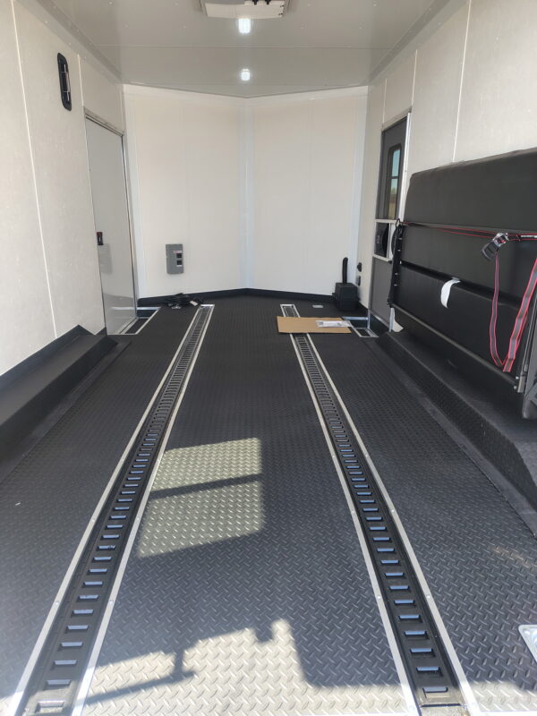 16x8.5 Journey SE Flat Top Sloped V-Nose Car Hauler, 7K GVWR, Slider Window, AC/Heat, Jacknife Sofa, Insulated Walls/Ceiling, Drive Over Wheel Boxes, Rubber Flooring, Power Awning
