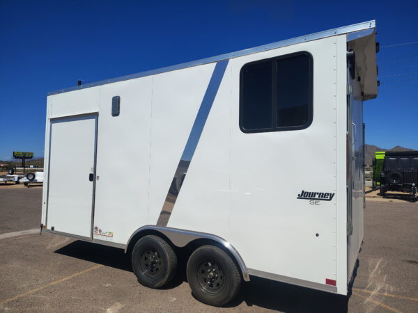16x8.5 Journey SE Flat Top Sloped V-Nose Car Hauler, 7K GVWR, Slider Window, AC/Heat, Jacknife Sofa, Insulated Walls/Ceiling, Drive Over Wheel Boxes, Rubber Flooring, Power Awning