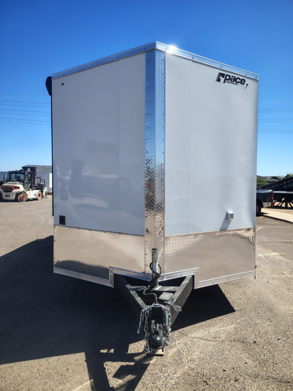 16x8.5 Journey SE Flat Top Sloped V-Nose Car Hauler, 7K GVWR, Slider Window, AC/Heat, Jacknife Sofa, Insulated Walls/Ceiling, Drive Over Wheel Boxes, Rubber Flooring, Power Awning