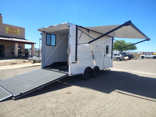 16x8.5 Journey SE Flat Top Sloped V-Nose Car Hauler, 7K GVWR, Slider Window, AC/Heat, Jacknife Sofa, Insulated Walls/Ceiling, Drive Over Wheel Boxes, Rubber Flooring, Power Awning