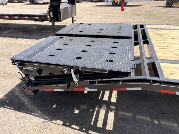 40' Gooseneck Low-Pro Flatdeck with Singles, 15,680 GVWR, Monster Ramps, 14 Ply Tires