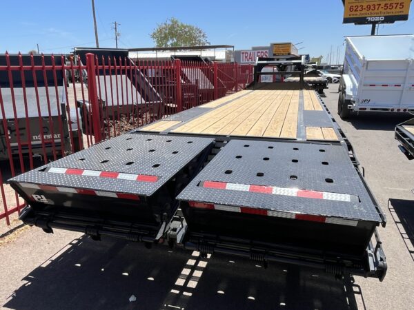 32' Gooseneck Low-Pro Flatdeck with Singles, 15,680 GVWR, Monster Ramps, 14 Ply Tires