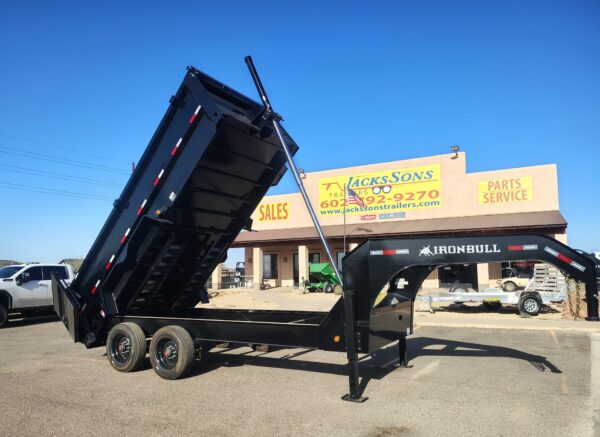16x83 IronBull Gooseneck Dump, Tandem Axle, 22K GVWR, 36" Sides, Telescopic Cylinder, Hydraulic Jacks, 18 Ply Tires
