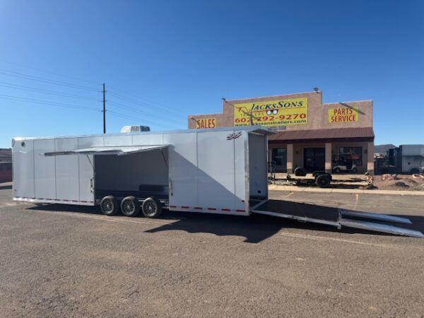 34x8.5 All Aluminum LOADED Car Hauler, Elite Escape Door, Cabinets/Winch, 14K GVWR, Ramp Door