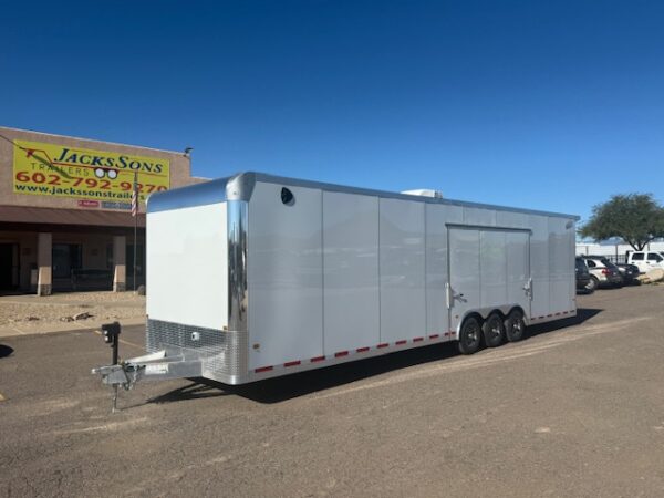 34x8.5 All Aluminum LOADED Car Hauler, Elite Escape Door, Cabinets/Winch, 14K GVWR, Ramp Door